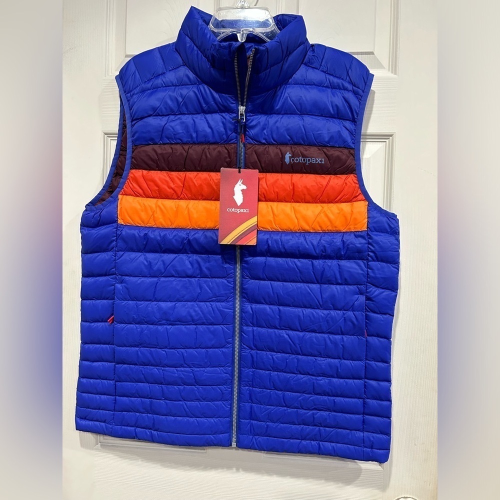Cotopaxi Men's XL Fuego Down Vest Blue Violet Stripes Yellow NWT Puffy Puff